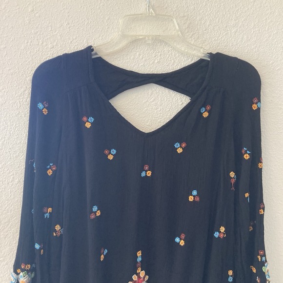 Free People Mini Dress Size XS Oxford Embroidered Black Floral Boho Goth Witchy - Picture 2 of 16